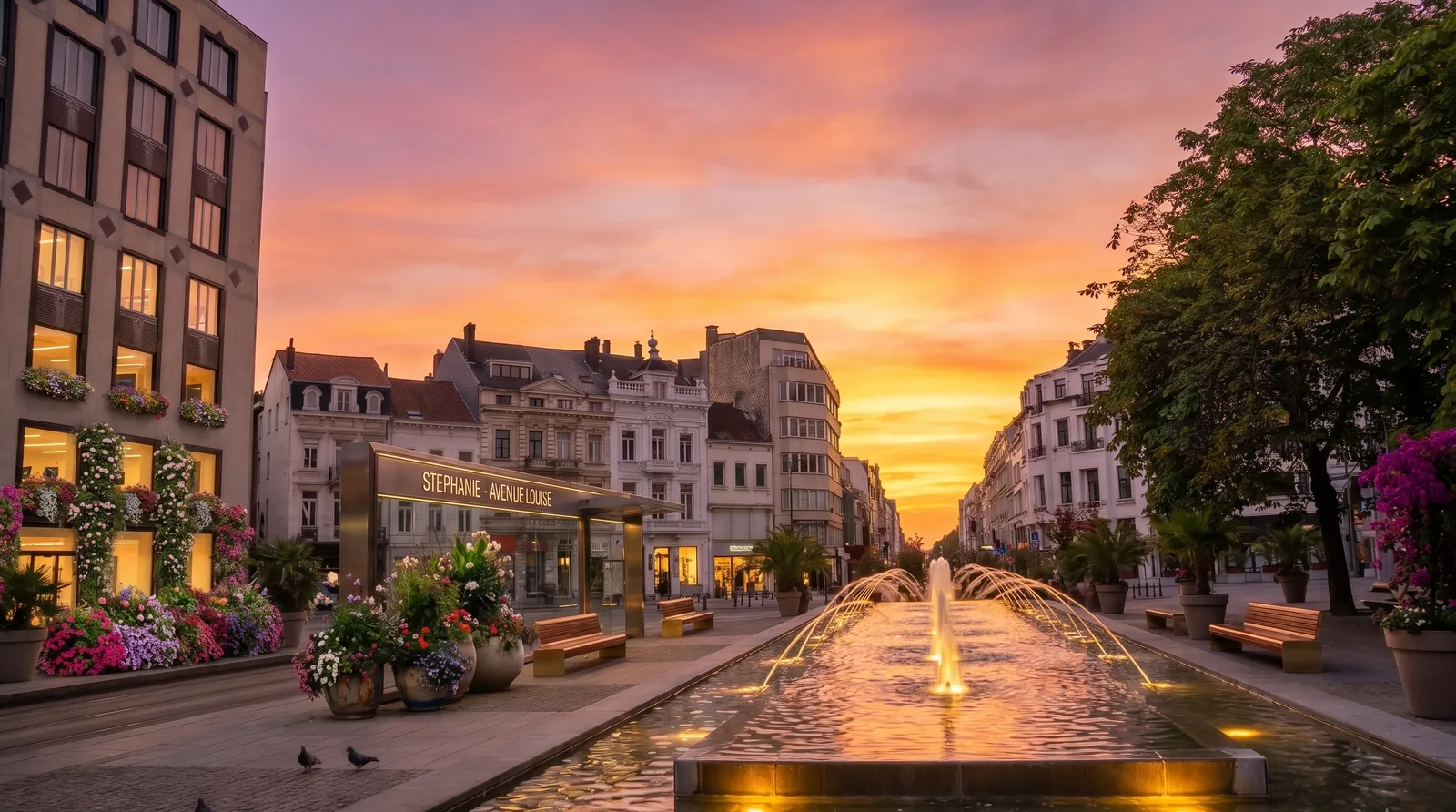 Esplanade piétonne avec fontaine menant au quartier du magasin, au cœur d'Ixelles