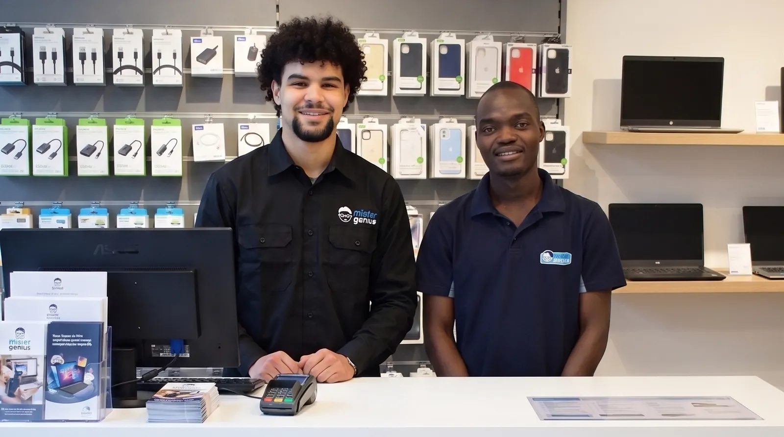Deux techniciens du magasin derrière le comptoir d'accueil, à Ixelles