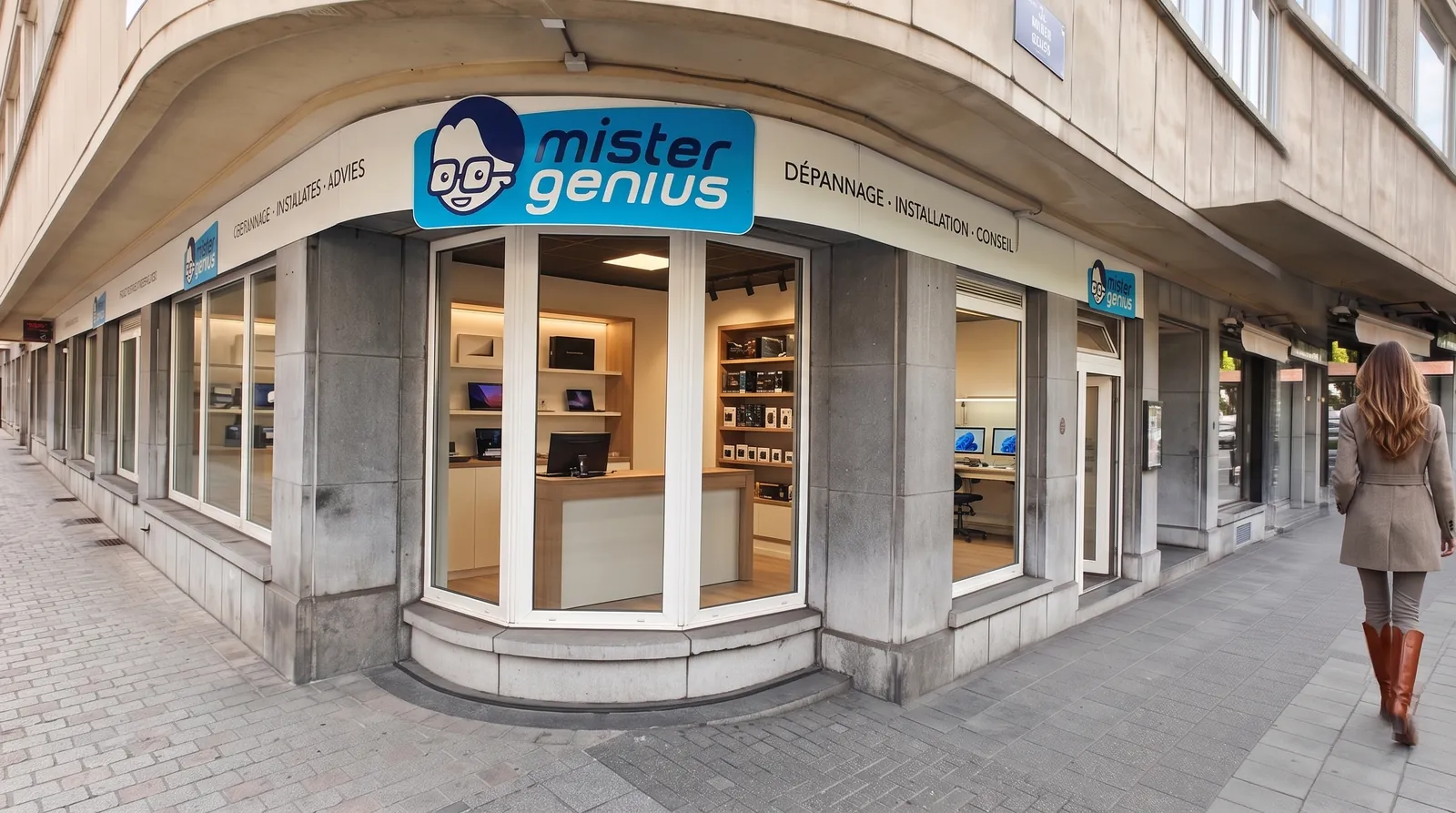 Façade du magasin Mister Genius à Ixelles, vitrine d'angle sur l'avenue Louise